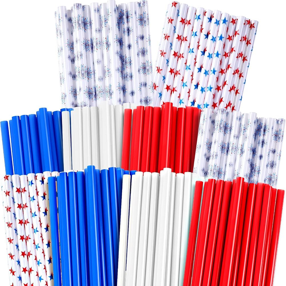 Uiifan 100 Pcs 4th of July Drinking Straw Reusable Patriotic Straws Red White Blue Plastic Colorf... | Amazon (US)
