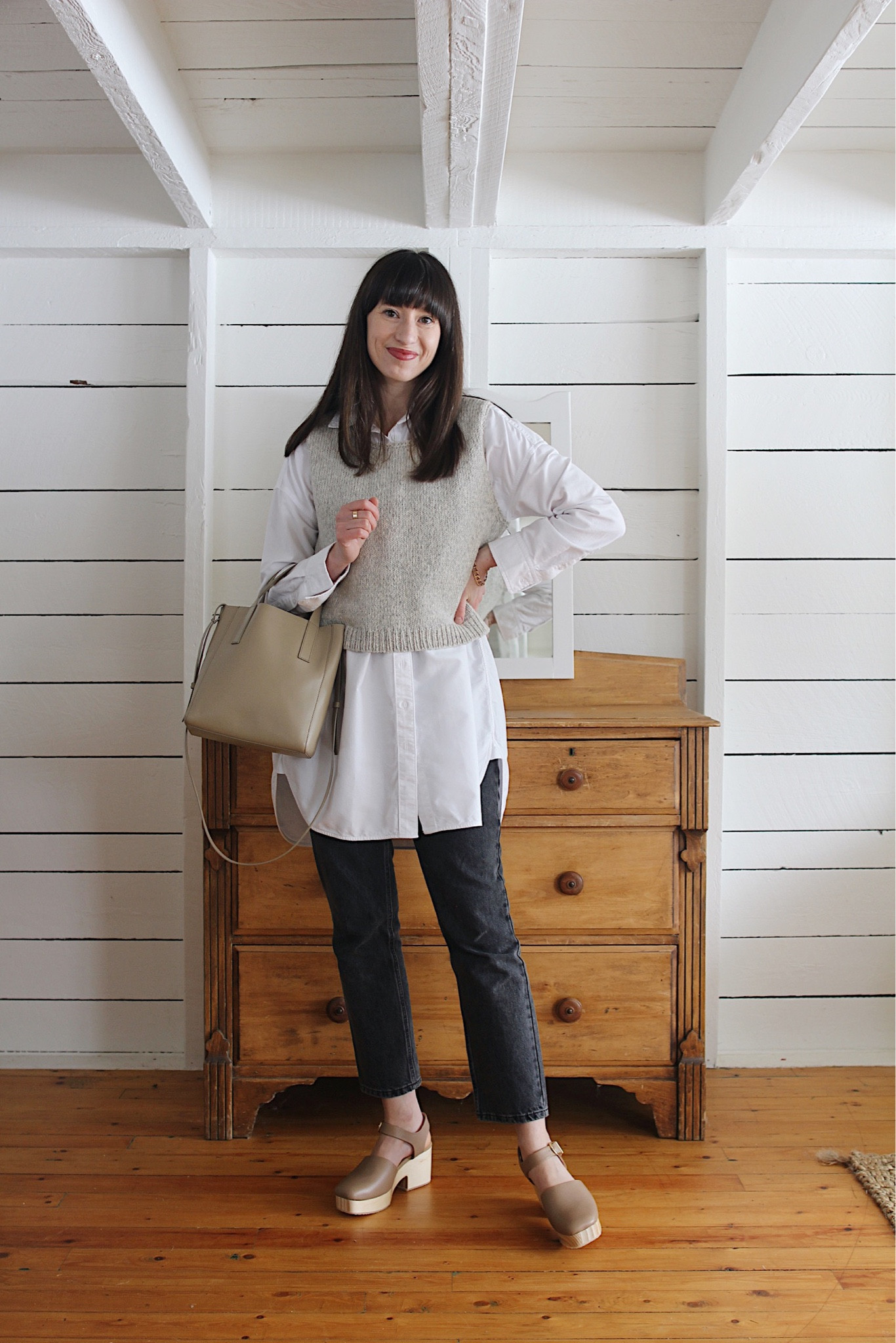 Styling the East Coast Clog - Look 3

East Coast Clog tts mid width
Knit vest by Gillian Stevens
Way Long Oxford tts for relaxed fit - wearing 2
90’s Cheeky Curvy - tts