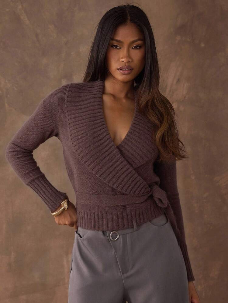SHEIN BAE Women's Regular Solid Color Shawl Collar Drop Shoulder Long Sleeve Knotted Waist Sweater, Autumn/Winter,Winter,Winter Clothes ,Winter Clothes For Women,Fall Clothes For Women ,Halloween,Christmas , New Year ,Thanksgiving, Party ,Brown Lapel Sweater Jacket, Casual Sweater Jacket, Commuter Sweater, Autumn Fashion | SHEIN