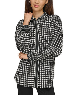 KARL LAGERFELD PARIS Women's Contrast-Trim Houndstooth Shirt - Macy's | Macys (US)