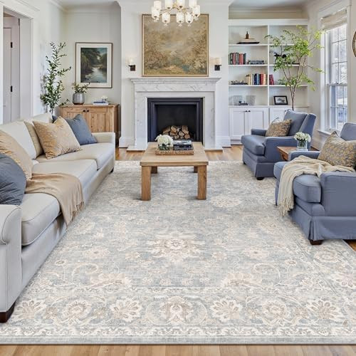 8x10 Blue Cream Washable Area Rug for Living Room Bedroom Neutral Floral Soft Non Slip Rug Low Pi... | Amazon (US)