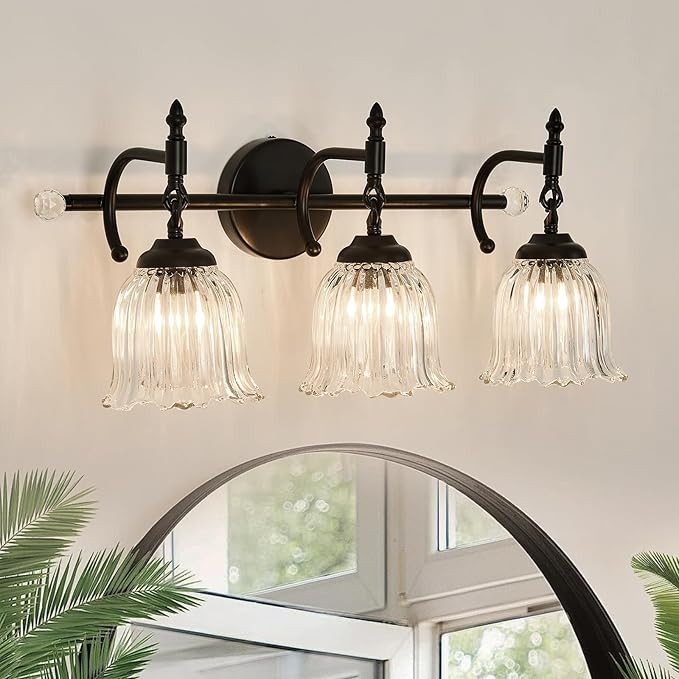 CVKASH 3-Light Bathroom Vanity Light Fixtures Over Mirror,Black Modern Vanity Light with Glass Sh... | Amazon (US)