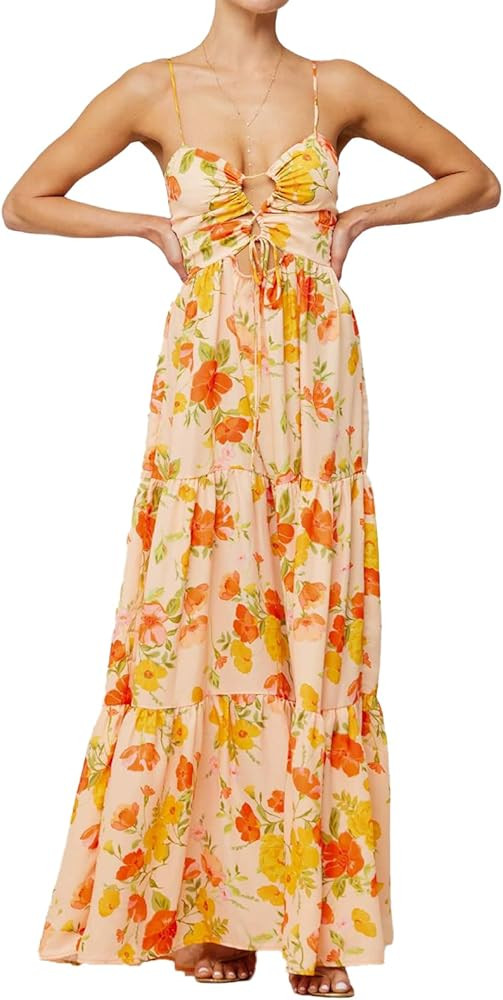 Women Floral Maxi Dress Tie Front Cut Out Backless Boho Spaghetti Strap Summer Beach Sundress | Amazon (US)