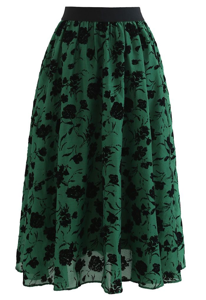 Rosa Print Sheer Midi Skirt in Green | Chicwish