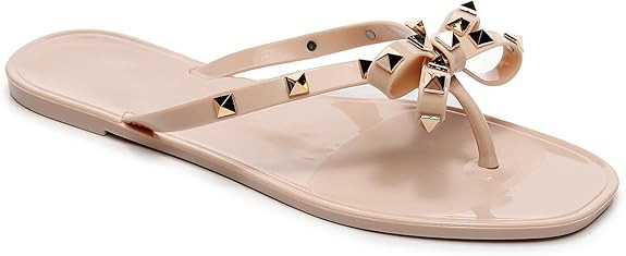 Womens Studded Sandals Flat Jelly Shoes Thong Flip Flops with Bow Stud Slip On Summer Beach Rivet... | Amazon (US)
