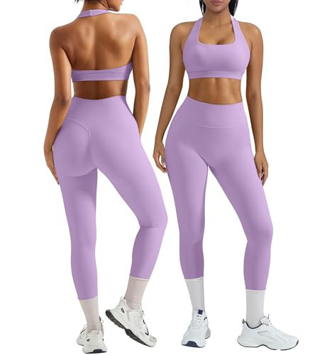 OMKAGI 2 Piece Workout Sets for Women Halter Sports Bras Gym Sets Booty Leggings Outfits | Amazon (US)