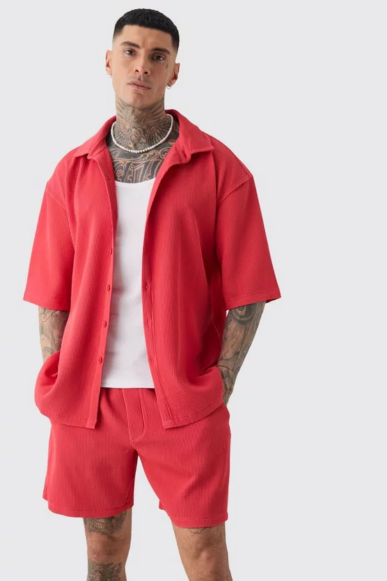 Tall Oversized Short Sleeve Pleated Shirt & Short Set In Red | boohooMAN (US & Canada)