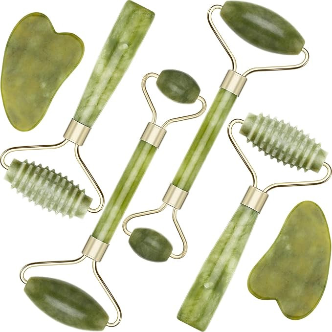 4 Pack Jade Roller Facial Ridged Roller Kits Skin Roller with 2 Pieces Gua Sha Scraping Massage T... | Amazon (US)