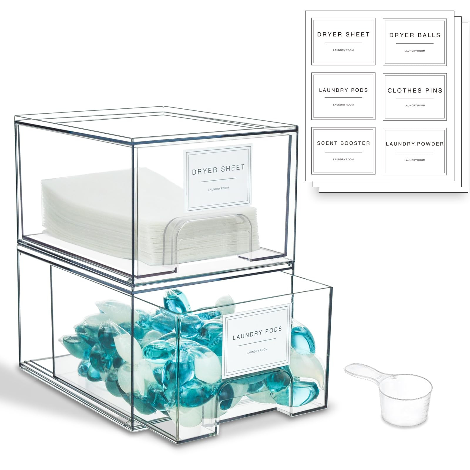 2 Pack Laundry Room Organization and Storage Containers with Labels, Stackable Clear Plastic Stor... | Amazon (US)