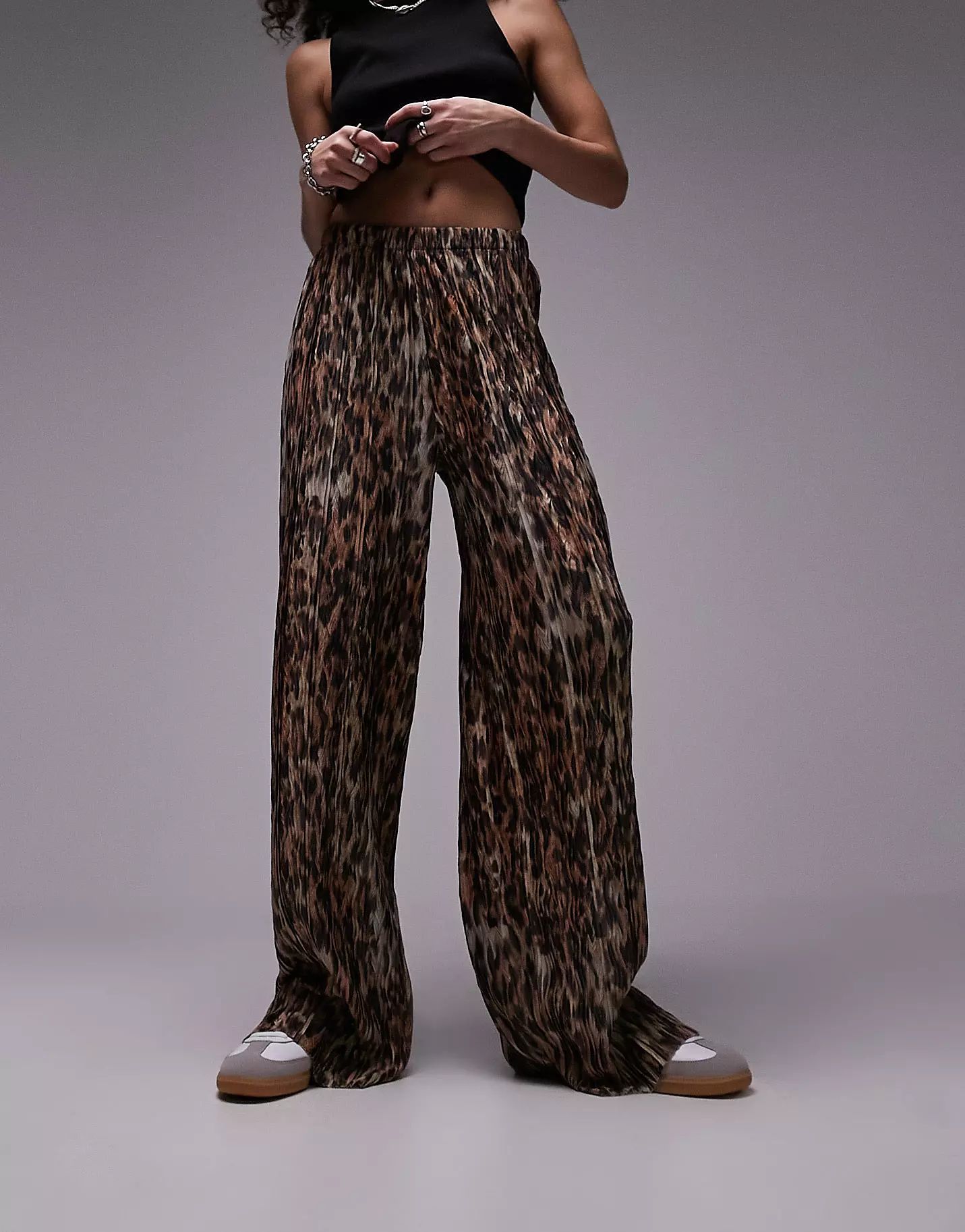 Topshop leopard print crinkle plisse straight leg trouser in brown | ASOS (Global)