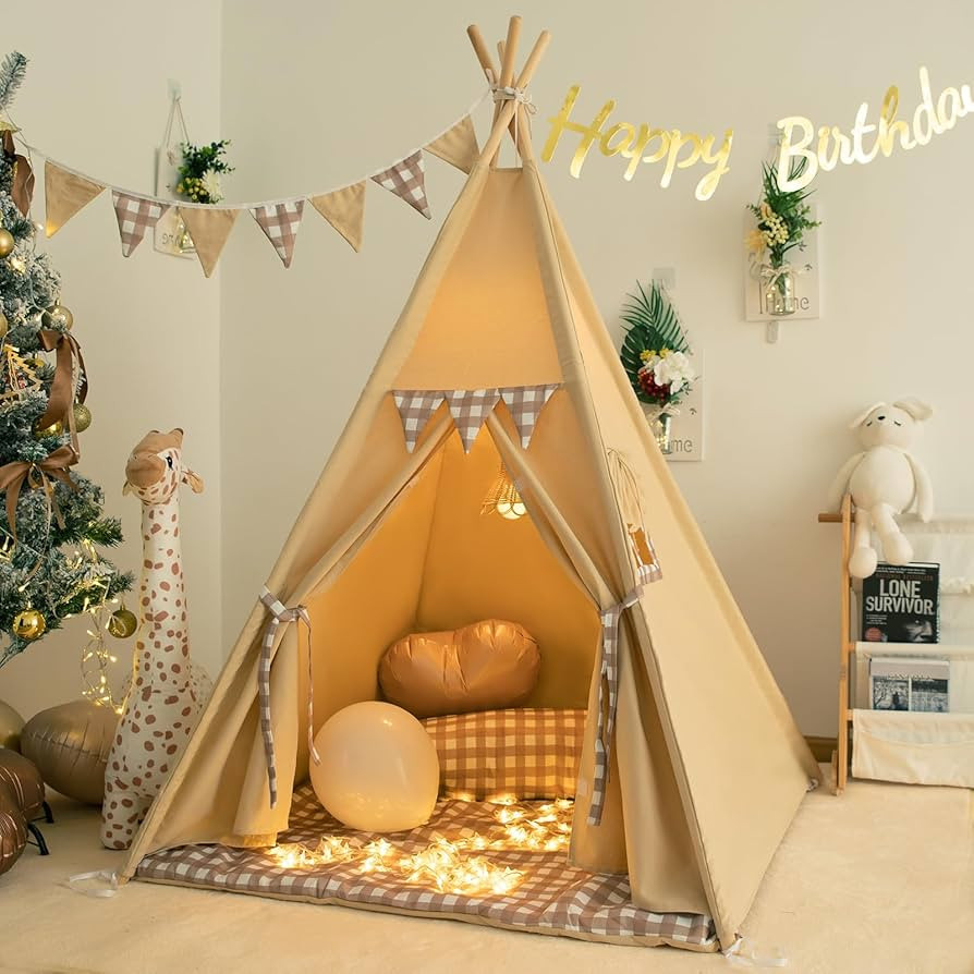 Teepee Tent with Padded Mat Bunting Banner Fairy Lights - Print Gingham Kids Play Tent with Carry... | Amazon (US)