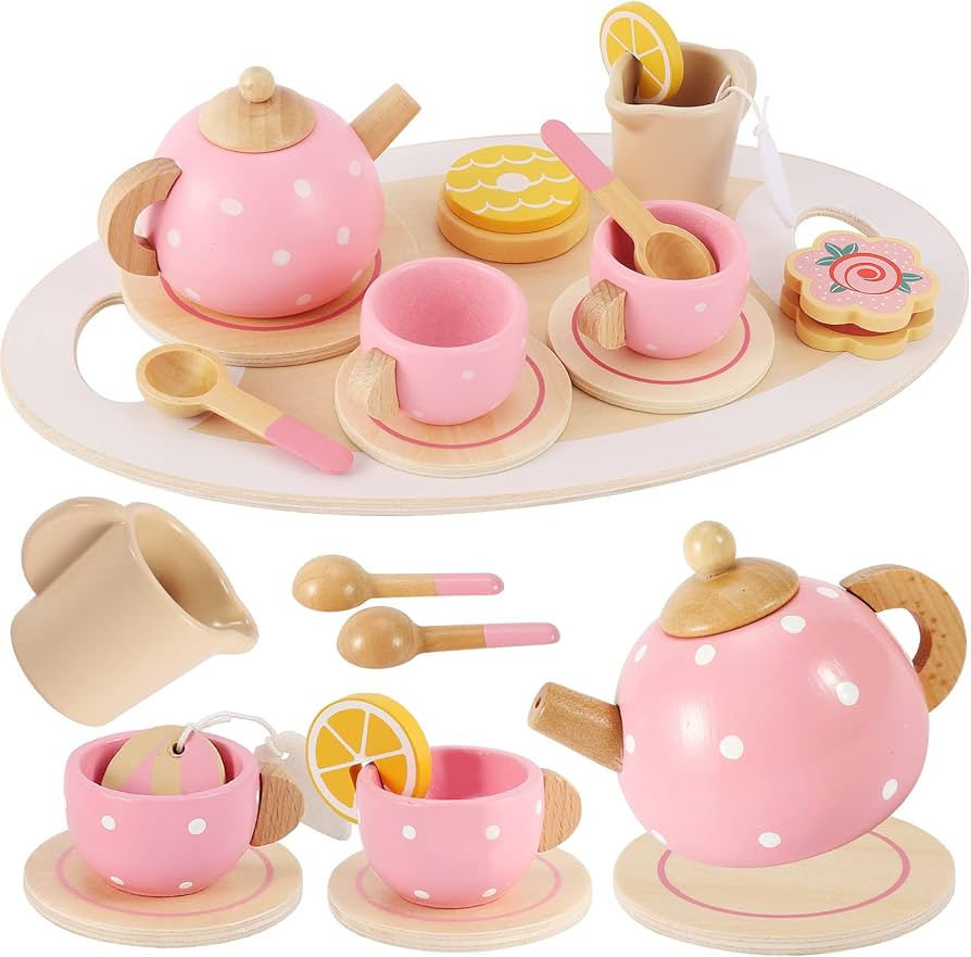 Amazon.com: BUYGER Wooden Tea Party Set for Little Girls, Kids Wooden Kitchen Sets Play Food Acce... | Amazon (US)