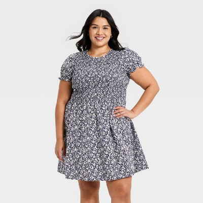 Women's Puff Short Sleeve Smocked Mini Sundress - Universal Thread™ Navy Blue Floral M | Target
