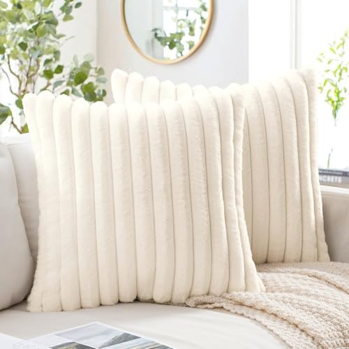 MIULEE Faux Fur Decorative Throw Pillow Covers 20x20 Inch Set of 2, Modern Spring Home Decor Soft Plush Couch Pillows Cozy Fluffy Cushion Covers for Sofa Bed Beige | Amazon (US)