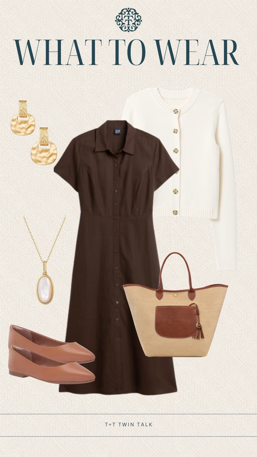 Transitioning from summer to fall with your closet? Here is what to wear while we are waiting for the leaves to change colors! A brown collared dress with a cardigan to drape around your shoulders while it’s warm and wear when it gets cold. Paired with gold jewelry, tan flats, and our favorite Longchamp bag! 

#LTKSeasonal #LTKStyleTip #LTKOver40