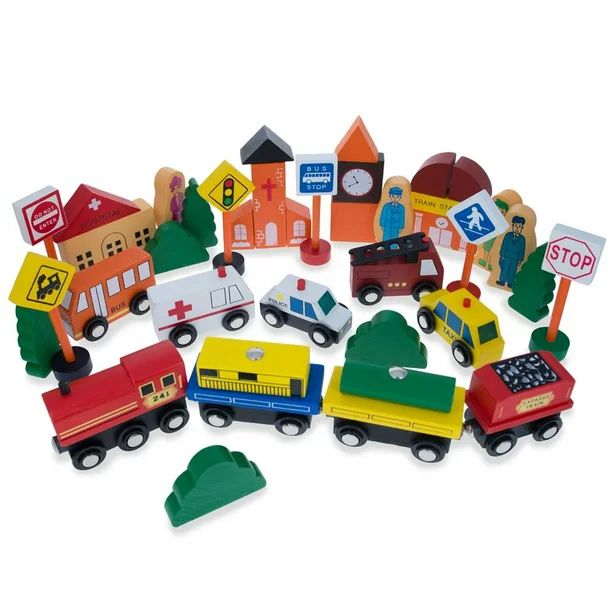 BestPysanky Set of 40 Pieces City Vehicles, Buildings, and Signs Wooden Blocks | Walmart (US)