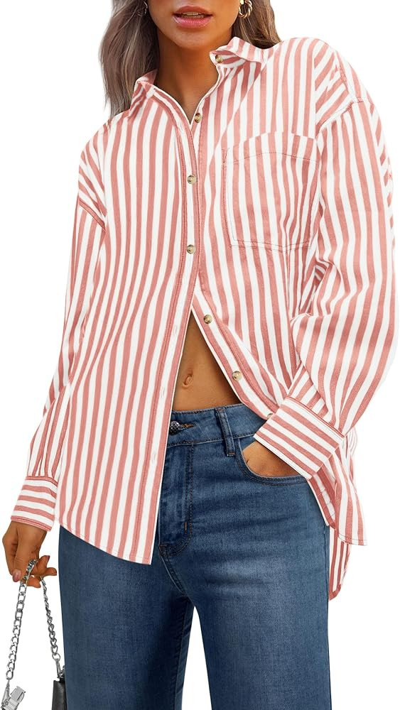 PRETTYGARDEN Womens Striped Button Down Shirt Spring 2025 Oversized Collared Long Sleeve Office W... | Amazon (US)