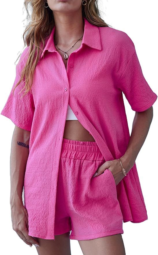 Ekouaer Womens Lounge Sets 2 Piece Outfits Casual Tracksuit Pajamas Set Button Down Shirt and Sho... | Amazon (US)