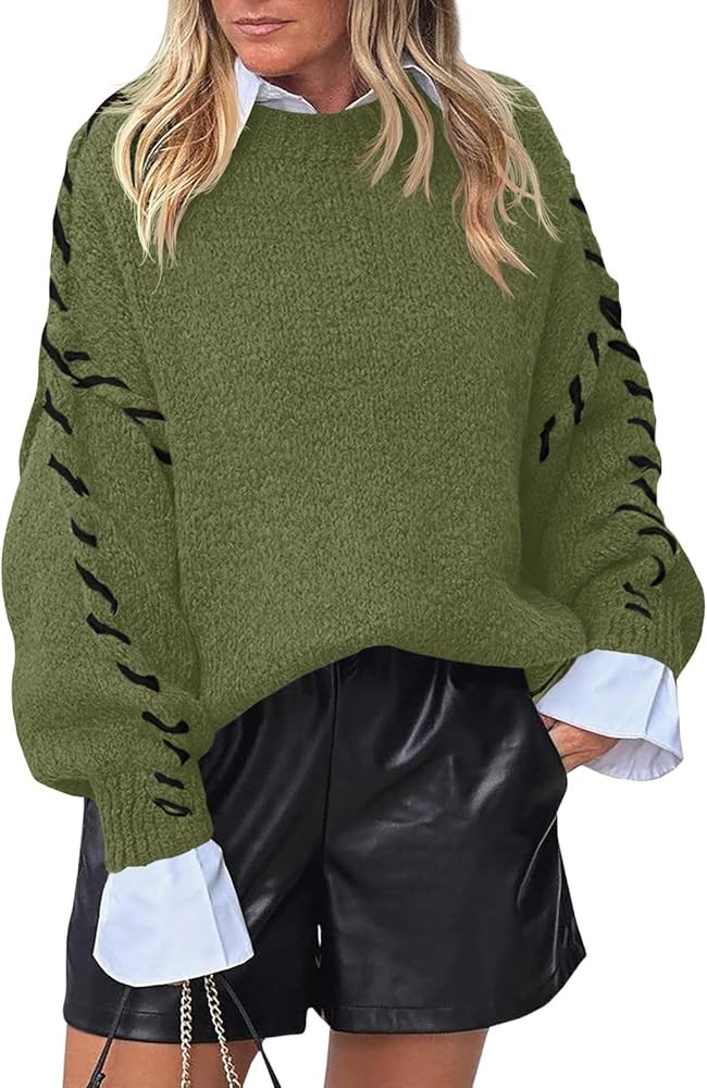 Saodimallsu Womens Oversized Sweaters Crew Neck Puff Long Sleeve Knit Fall Loose Chunky Trendy Ca... | Amazon (US)