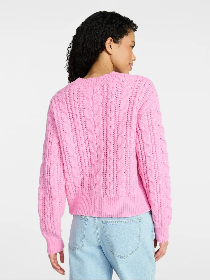 No Boundaries Cable Crewneck Drop Shoulder Sweater, Midweight, Women's XXS-XXL | Walmart (US)
