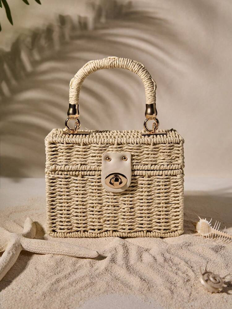 Tropiscape Mini Twist Lock Flap Straw Bag Portable,Single Small Wallet College,Middle School,High School,Back To School,Travel,Outdoors For Teen Girls,For School Student,For Teenagers Vintage,Soft,Minimalist Straw Bag, Wicker Bag Autumn Winter Gifts | SHEIN