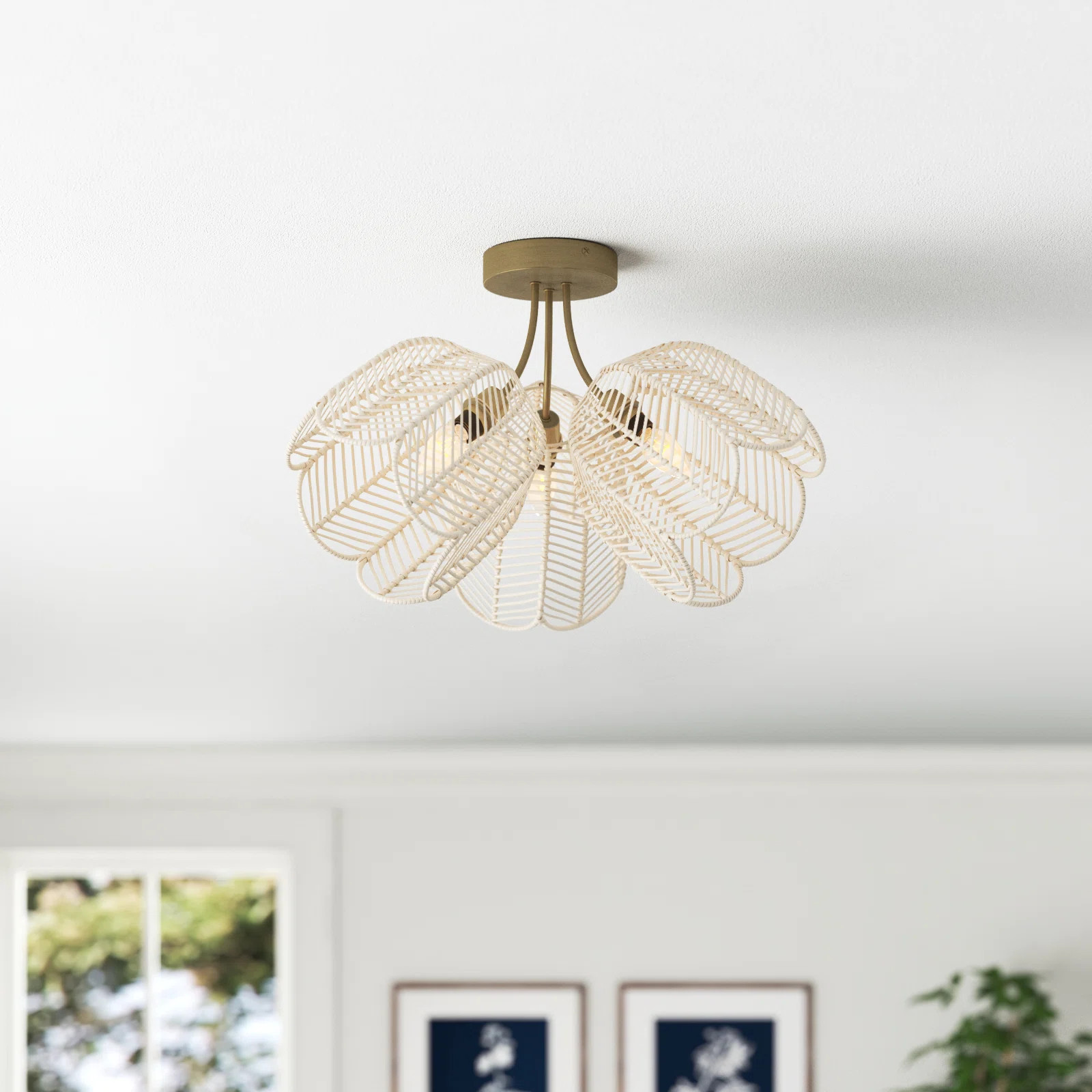 Vermont 11.5"H Gold-Colored Metal Ceiling Light with Rattan Shades | Wayfair North America