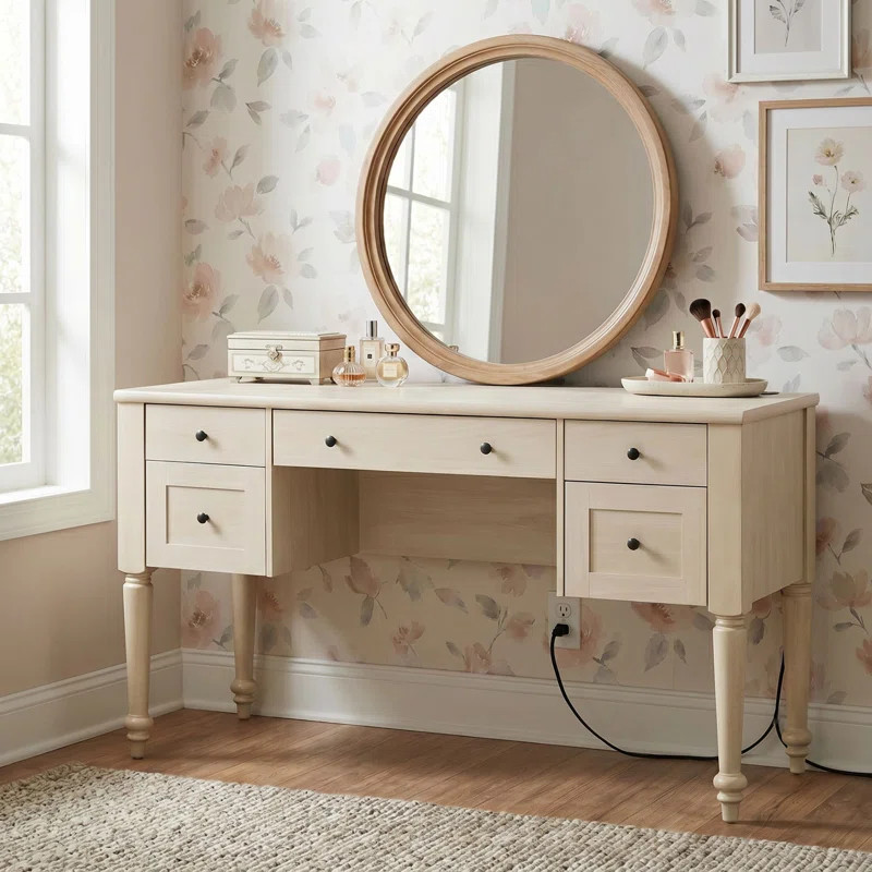 Beige Makeup Vanity Desk With 5 Drawers, Charging Station, Rear Cabinet & Open Shelf, No Mirror, ... | Wayfair North America