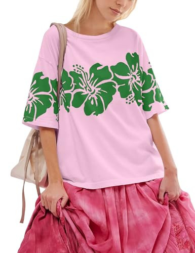 Sujama Oversized Hibiscus T Shirt Women Short Sleeve Floral Tee Shirts Summer Casual Crewneck Hawaiian Flower Graphic Tops | Amazon (US)