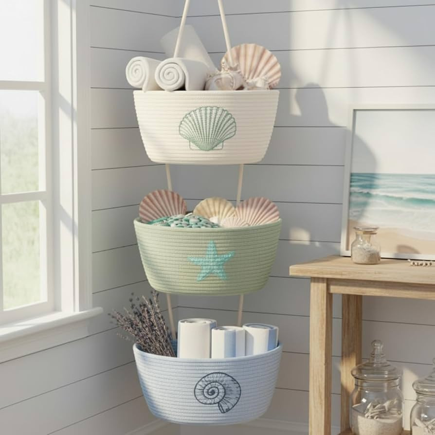 Hushee 3-Tier Over the Door Hanging Baskets Coastal Woven Cotton Wall Mounted Storage Baskets Dec... | Amazon (US)