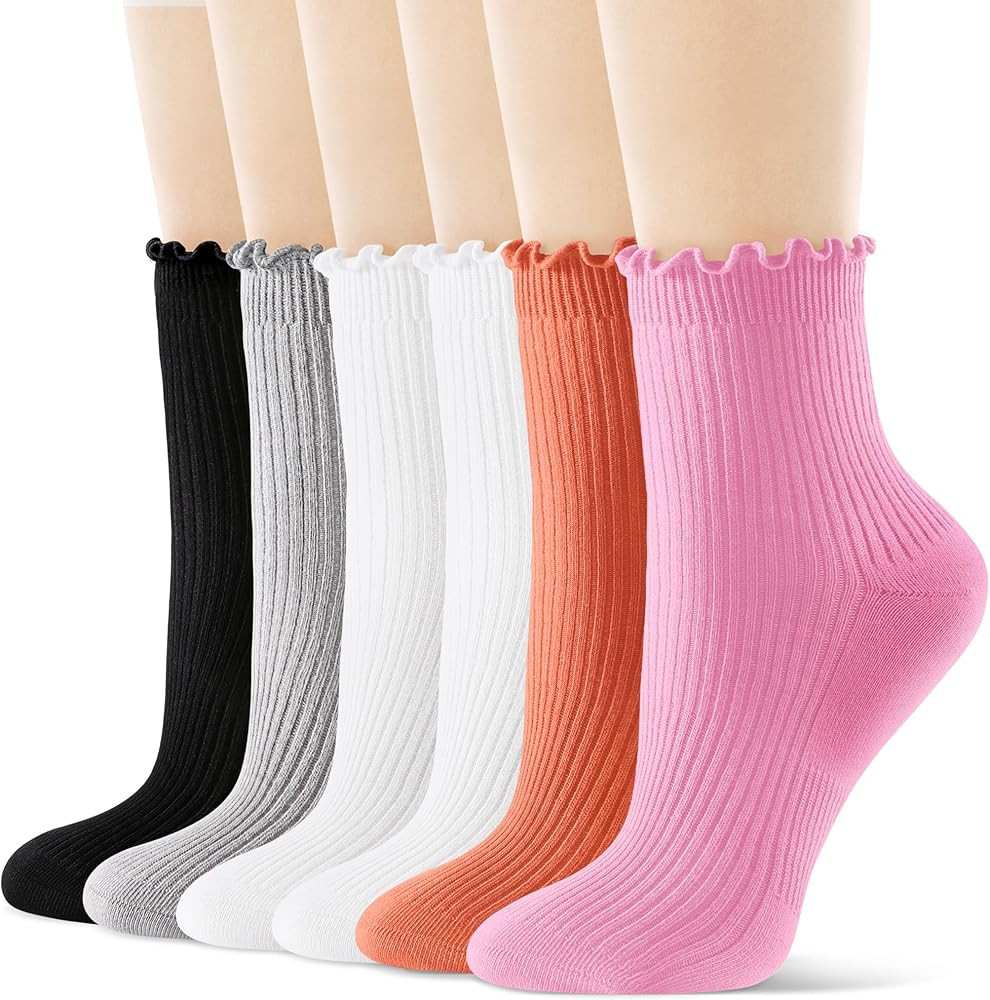 FITRELL 6 Pairs Ruffle Socks, Womens Soft Breathable Cute Lettuce Ankle Crew Frilly Socks | Amazon (US)