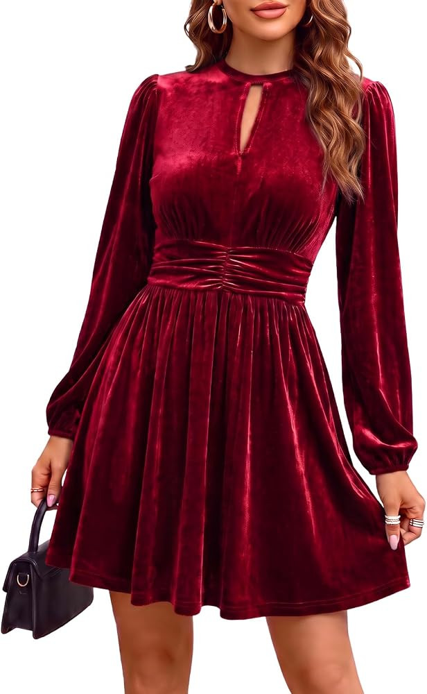 Wenrine Womens Velvet Dress Long Sleeve Mini Cocktail Wedding Guest Dresses | Amazon (US)