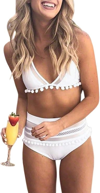 Bdcoco Women's High Waist Two Pieces Bikini Set Halter Straps Tassel Swimsuit | Amazon (US)