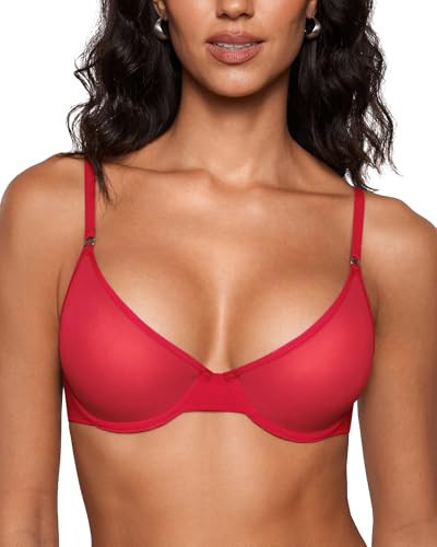 INLYRIC Women's Cosnufy Sheer Balconette Bra Demi Unlined Plunge Mesh See Through Sexy Bras Underwire Lipstick Red 38F | Amazon (US)