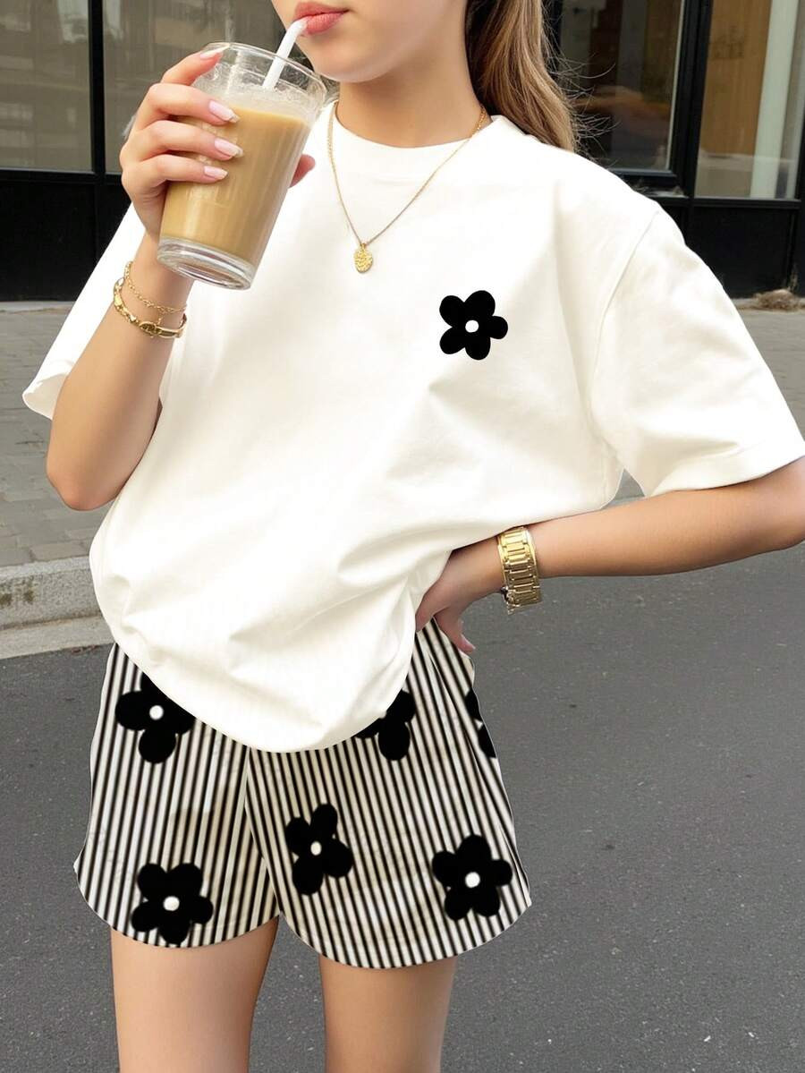 Retro Sweet Black & White Striped, Mini Floral Print, Graffiti Floral Pattern, Teen Girl Casual L... | SHEIN