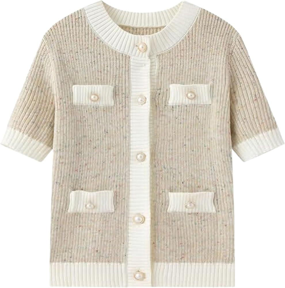 Esmeling Women’s Elegant Short Sleeve Cardigan Sweater Lightweight Pearl Button Down Tank Top K... | Amazon (US)