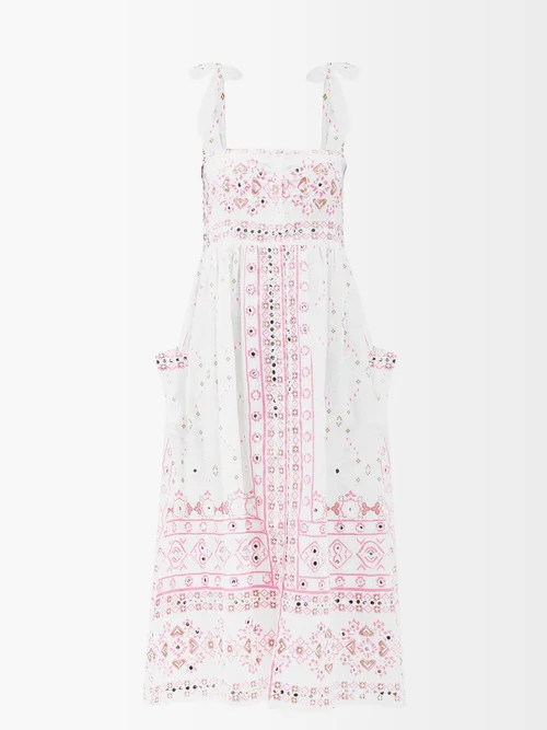 Juliet Dunn - Mosaic Tie-strap Embroidered Cotton Sun Dress - Womens - White Multi | Matches (US)