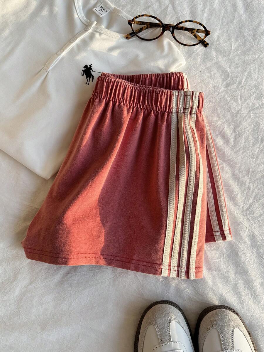 Comfortcana Red Vintage Washed Knit Women's Wide Leg Casual Shorts Stripe Shorts Comfy Shorts For... | SHEIN