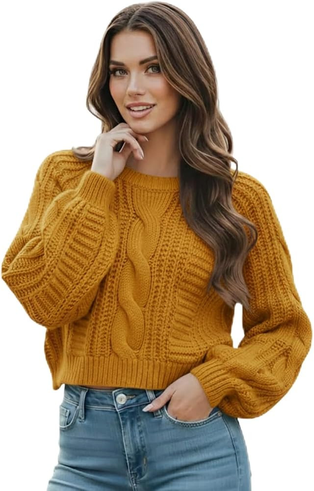Women's Cropped Cable Knit Sweater, Soft and Warm Long Sleeve Pullover, Casual Knit Top for Fall ... | Amazon (US)