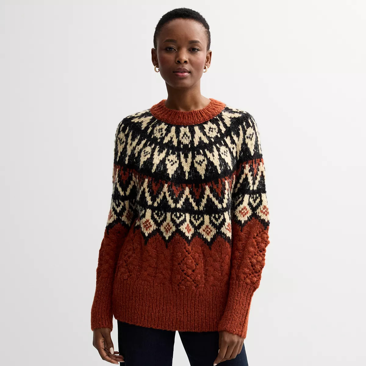Women's Chelsea & Theodore Long Sleeve Mockneck Fairisle Cable Knit Pullover | Kohl's