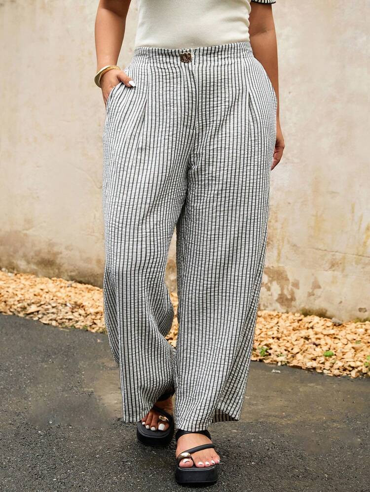 Elaquor Plus Size Women Striped All-Match Versatile Straight Leg Metal Button Suit Pants, Autumn | SHEIN