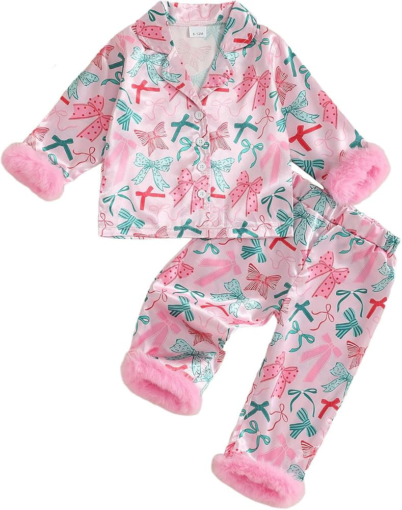 FULA-bao Baby Girls Boys Silk Christmas Pajamas Set Santa Claus Bows Satin Pj Sets Long Sleeve Bu... | Amazon (US)