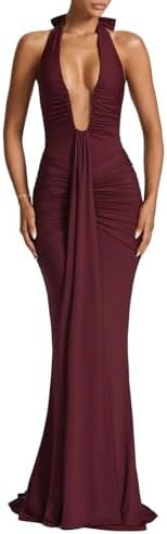 ABYOVRT Women Deep V Neck Ruched Maxi Dress Sleeveless Halter Gown Cocktail Evening Formal Dresse... | Amazon (US)