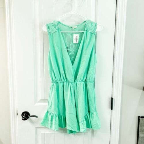 Vestique Neon Aqua Teal Wrap Front Romper Lace Back Flutter Hem Size Medium  | eBay | eBay US