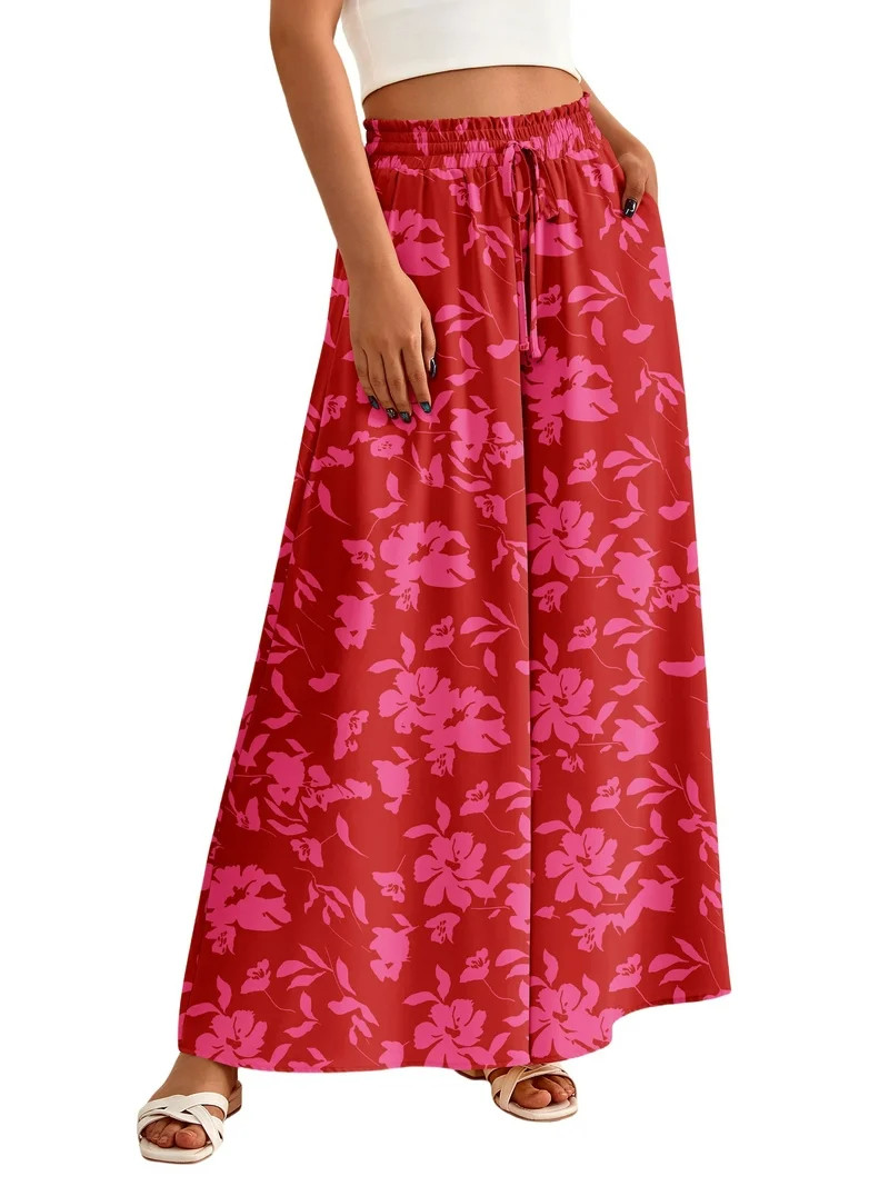 FreshPretty Women Casual High Waist Wide Leg Pants Summer Floral Solid Long Palazzo Pants Lounge ... | Walmart (US)
