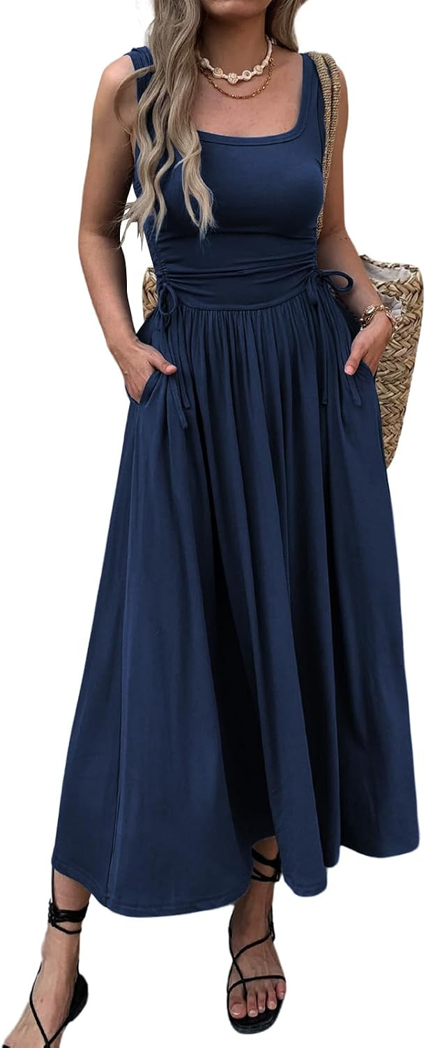 Mieazom Women’s Boho Summer Maxi Dress with Pockets, Adjustable Waist, Sleeveless Casual Ruched Sundress for Beach Vacation | Amazon (US)