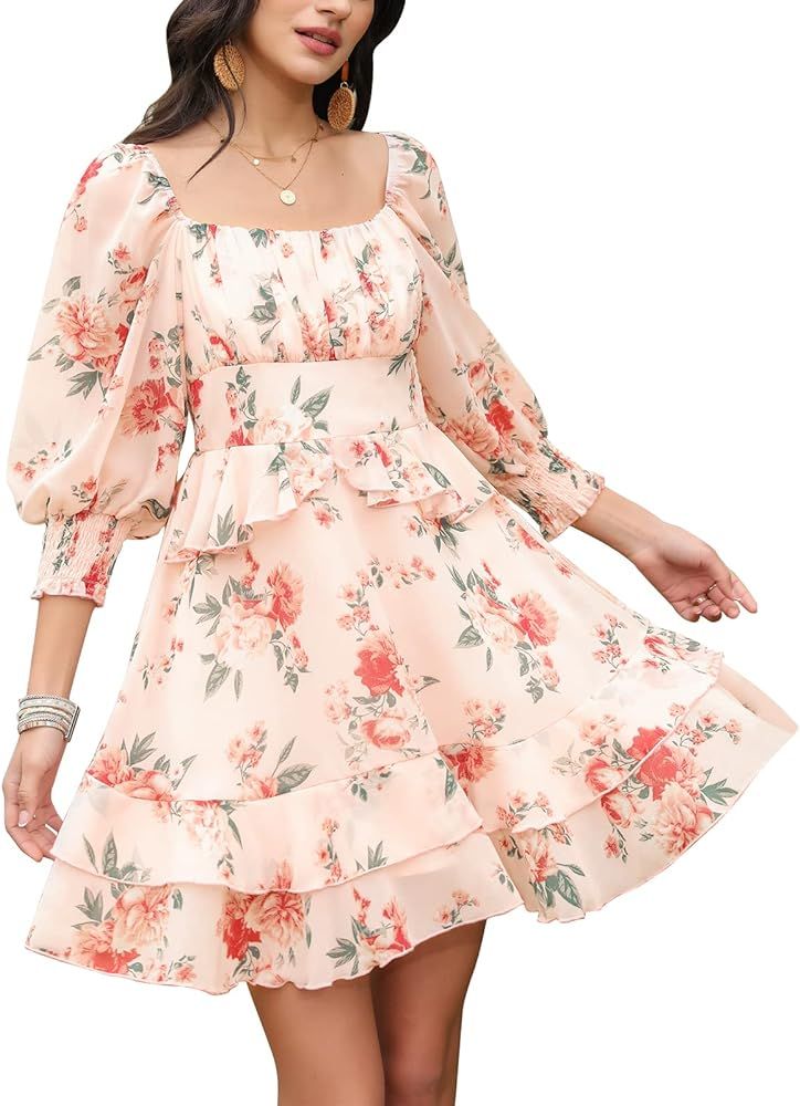 EXLURA Womens Floral Ruffle Sun Dress Sundress Tiered Square Neck Long Sleeve Off Shoulder Smocke... | Amazon (US)