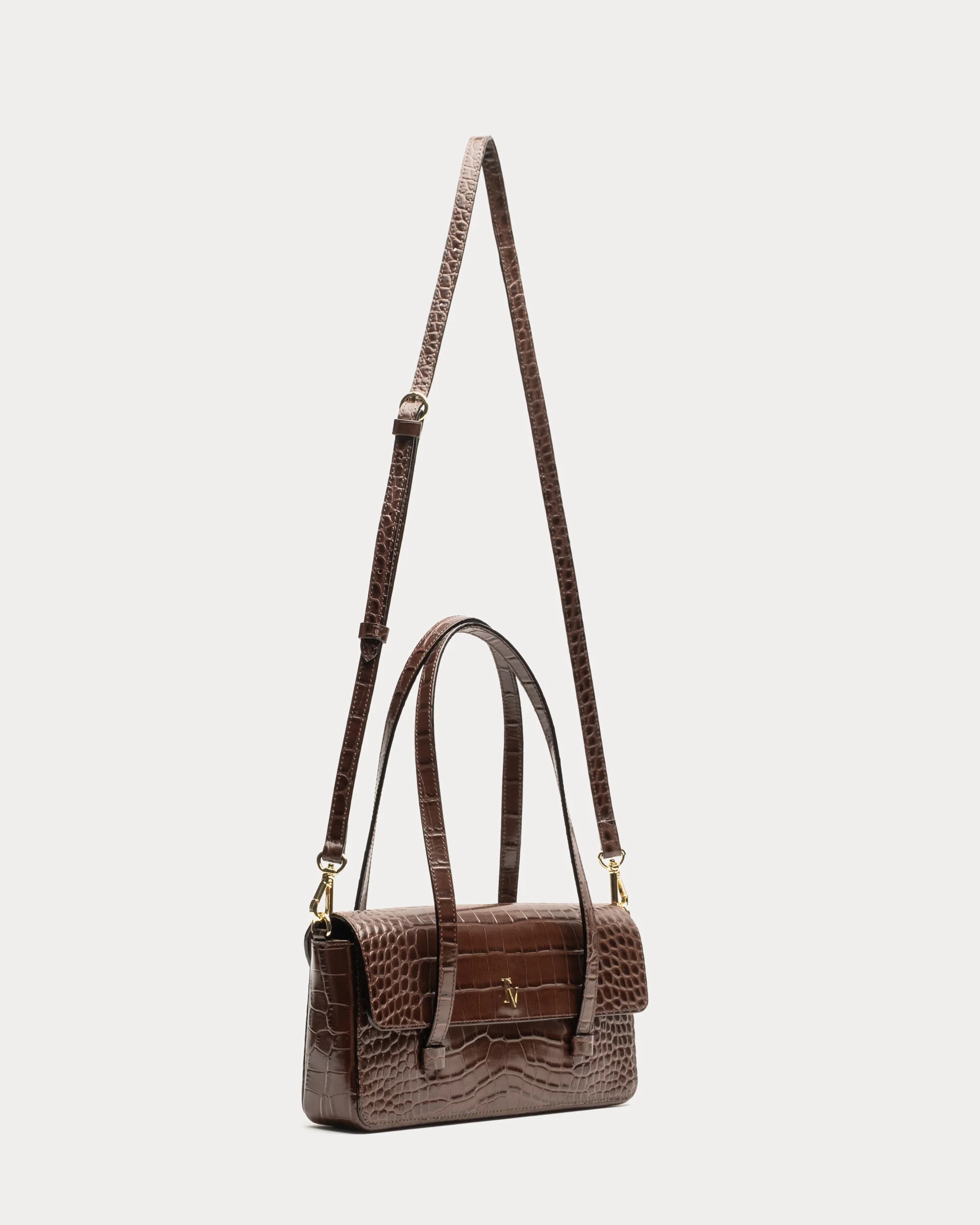 Small Slim Tote Croc Embossed Leather Chocolate | Frances Valentine