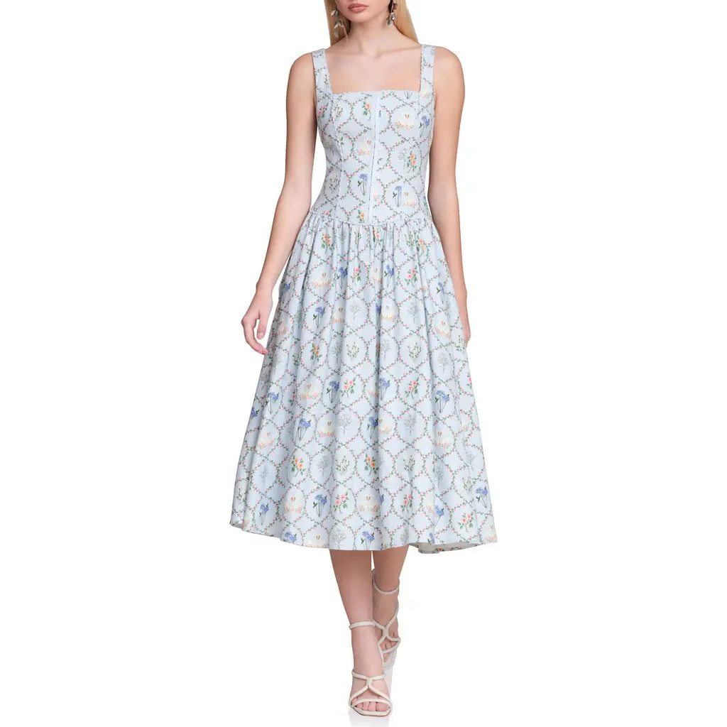 Avec Les Filles Floral Print Linen Blend Midi Dress in Periwinkle Felicity at Nordstrom, Size 12 | Nordstrom