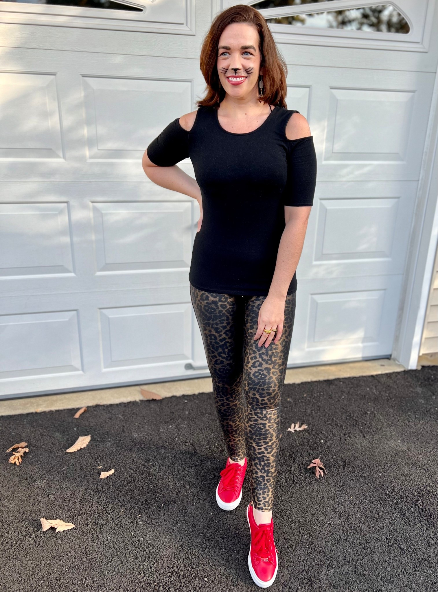 Black cutout short sleeve top (small). Faux leather leopard leggings (small). Red sneakers (8.5). #top #blacktop #cutoutshortsleevetop #shortsleevetop #leggings #fauxleatherleggings #leopardleggings #sneakers #redsneakers #halloween #halloweencostume Halloween 

#LTKStyleTip #LTKFindsUnder100 #LTKHalloween