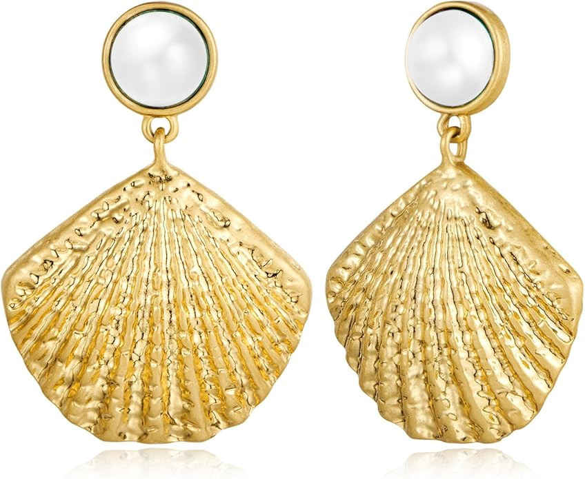 Amazon.com: LILIE&WHITE Burnt Gold Seashell Dangle Earrings For Women With Imitation Pearl On The... | Amazon (US)